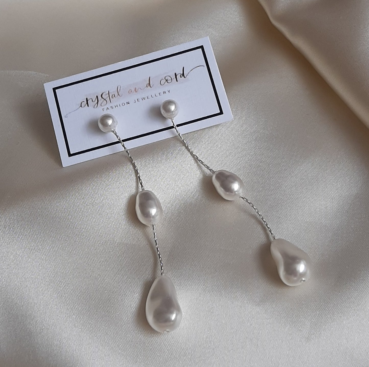 Samantha - Swarovski crystal pearls and sterling silver Boston chain thread cascading stud earrings and necklace