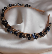 Load image into Gallery viewer, Ash - black, honey crystal, gold and a touch of blue beads handmade headband