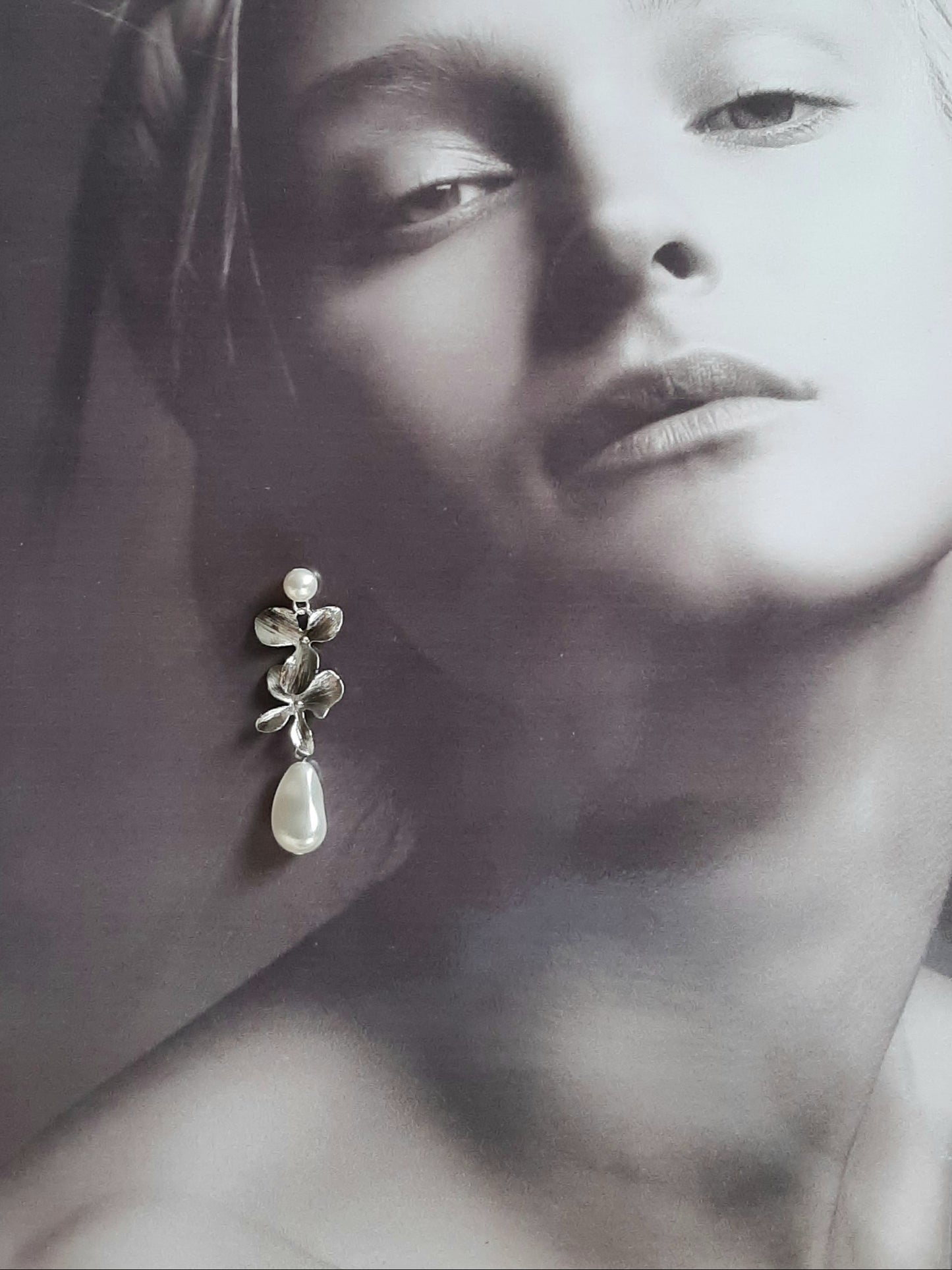 Matilda - silver orchid shaped flowers with Swarovski crystal baroque pearl drop and earstud