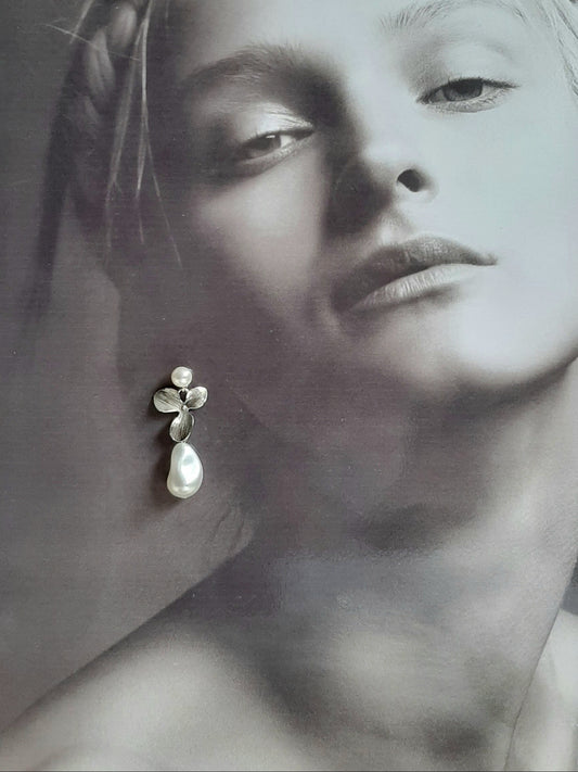 Matilda - silver orchid shaped flowers with Swarovski crystal baroque pearl drop and earstud