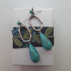 Blue turquoise colour, silver-tone oval hoop and flower stud drop earrings - Serena