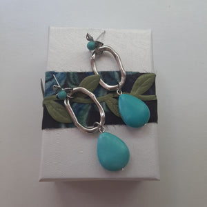 Blue turquoise colour, silver-tone oval hoop and flower stud drop earrings - Serena