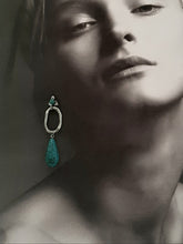Load image into Gallery viewer, Blue turquoise colour, silver-tone oval hoop and flower stud drop earrings - Serena