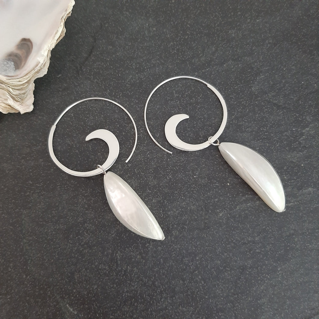 Thea - Sterling silver spiral hoops and shell bead drop earrings