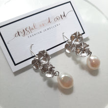 Load image into Gallery viewer, Maia - silver-tone triple flower rhinestone centered pearl drop earrings
