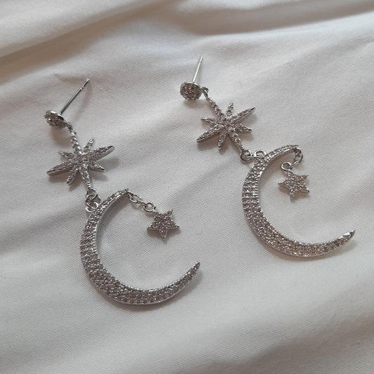 Narvi - Crystal clear Cubic Zirconia's stars and moon silver-tone drop stud earrings