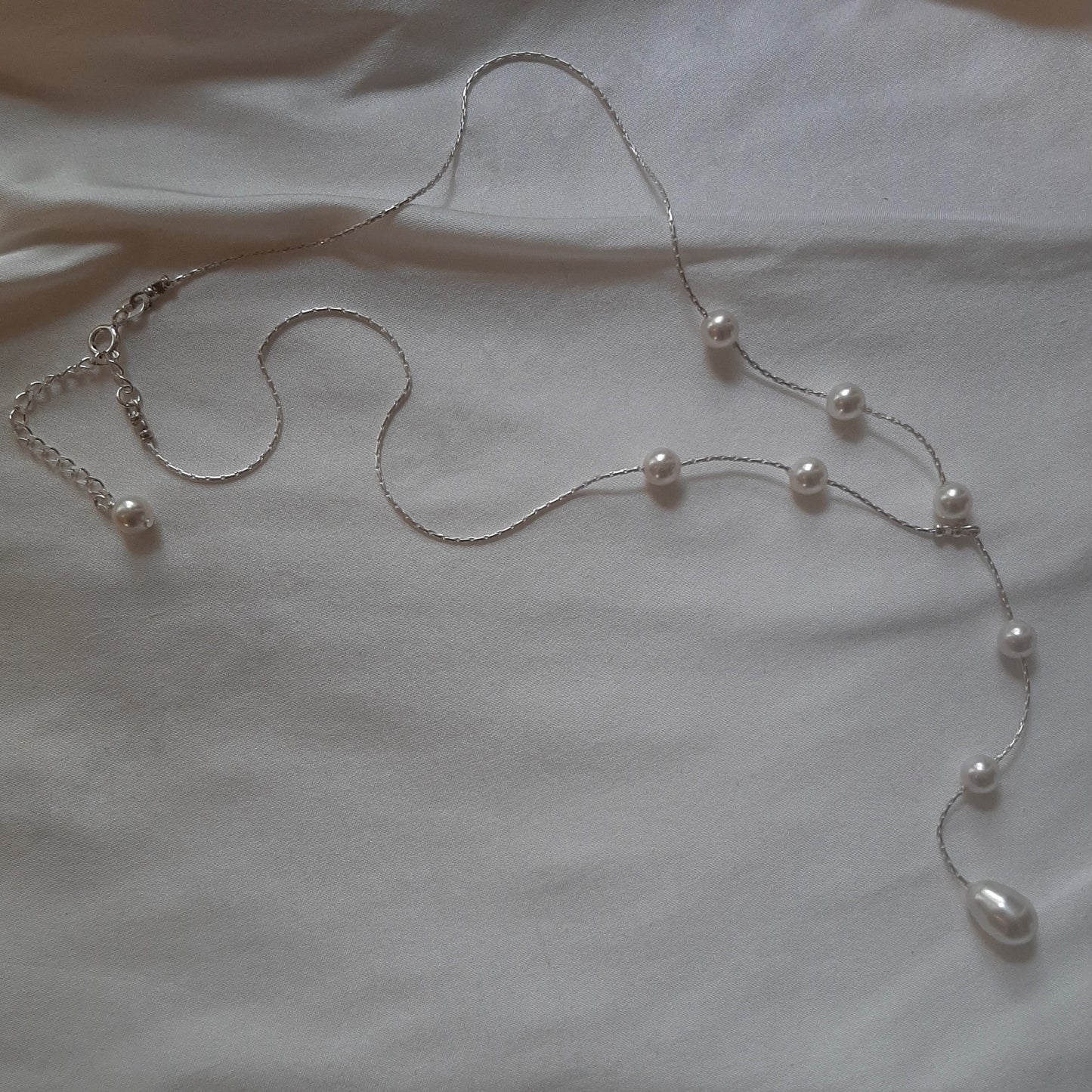 Samantha - Swarovski crystal pearls and sterling silver Boston chain thread cascading stud earrings and necklace