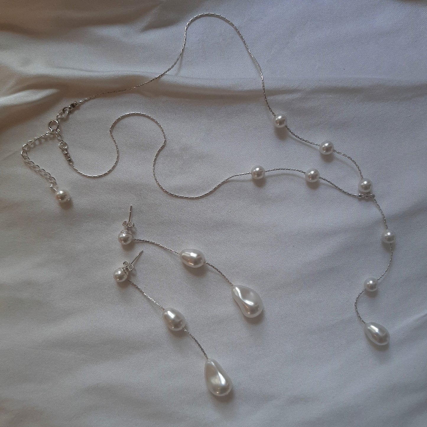 Samantha - Swarovski crystal pearls and sterling silver Boston chain thread cascading stud earrings and necklace