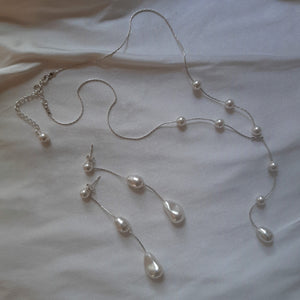 Samantha - Swarovski crystal pearls and sterling silver Boston chain thread cascading stud earrings and necklace