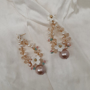 Constance - white and blush pink freshwater pearls and flowers oval hoop stud drop earrings