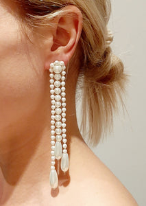 Rapunzel- white glass pearl beads and teardrops cascading stud earrings