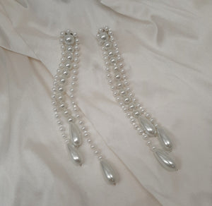 Rapunzel- white glass pearl beads and teardrops cascading stud earrings