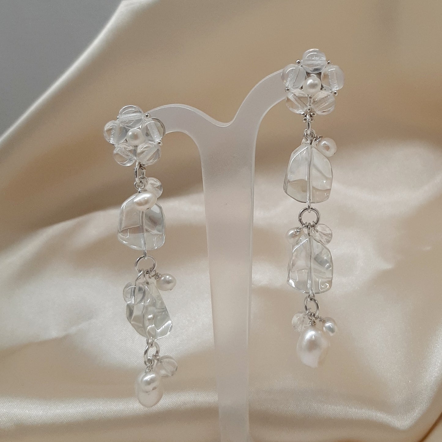 Elsa - natural cultured freshwater pearls and crystal clear glass beads cascading drop earrings