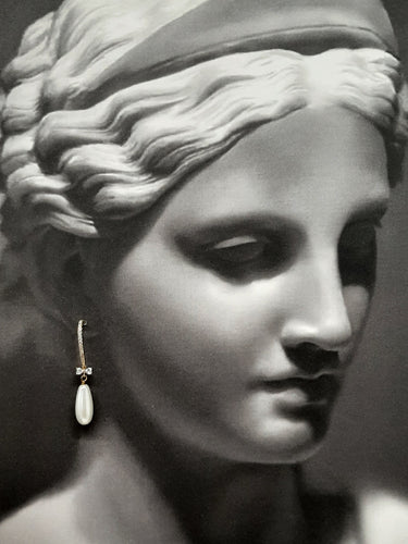 Nicola - pearl glass bead teardrop and cubic zirconia tiny bow gold-tone drop earrings