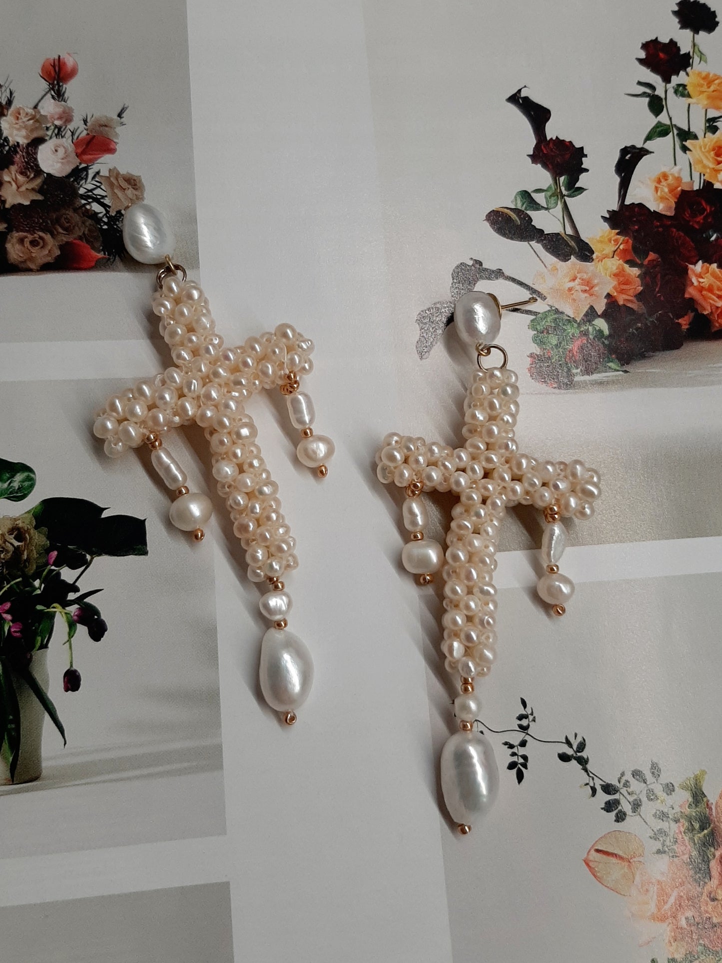 Stavroula - natural cultured freshwater pearls cross cascading stud earrings