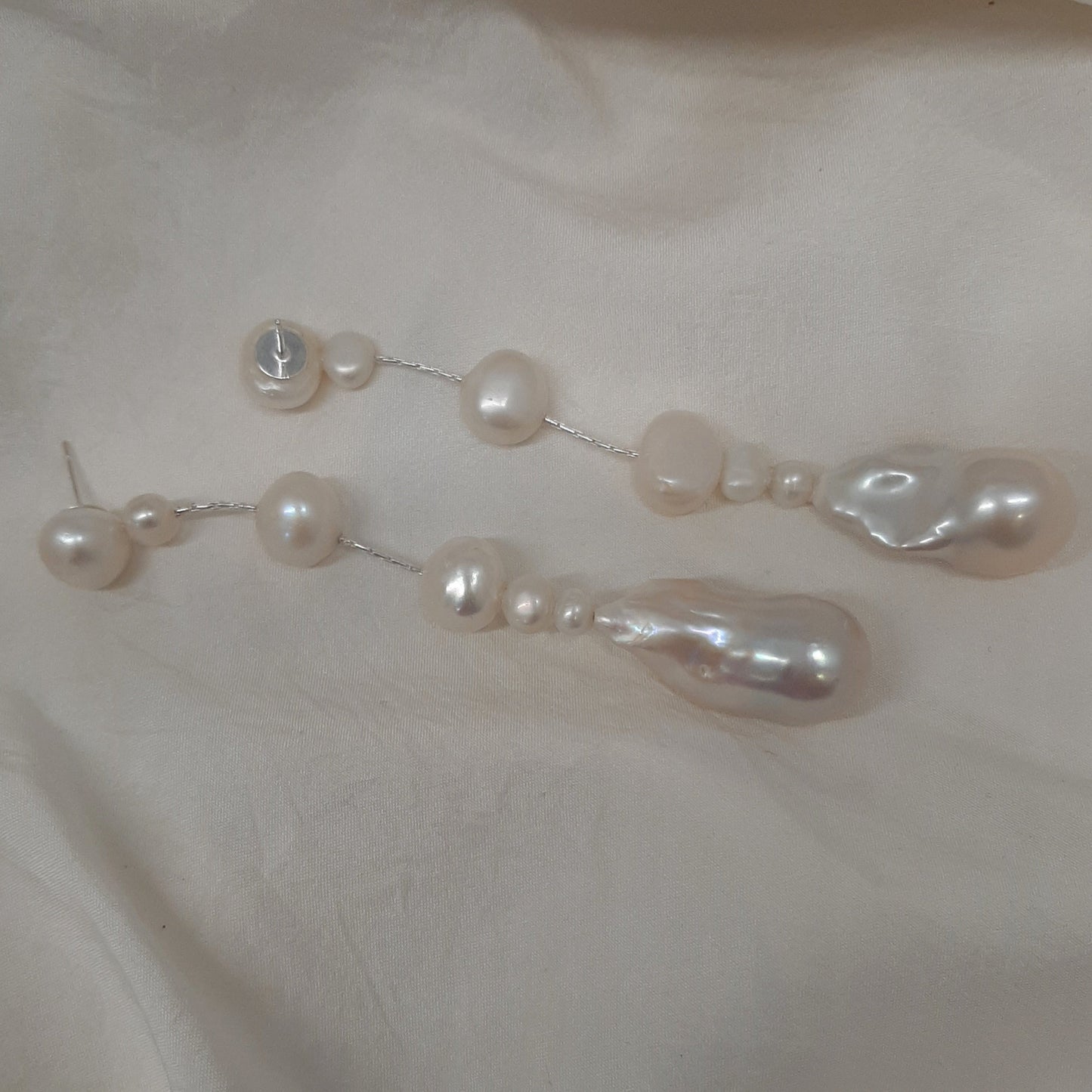 CONTESSA - glorious natural cultured freshwater pearls and sterling silver Boston chain thread cascading stud earrings