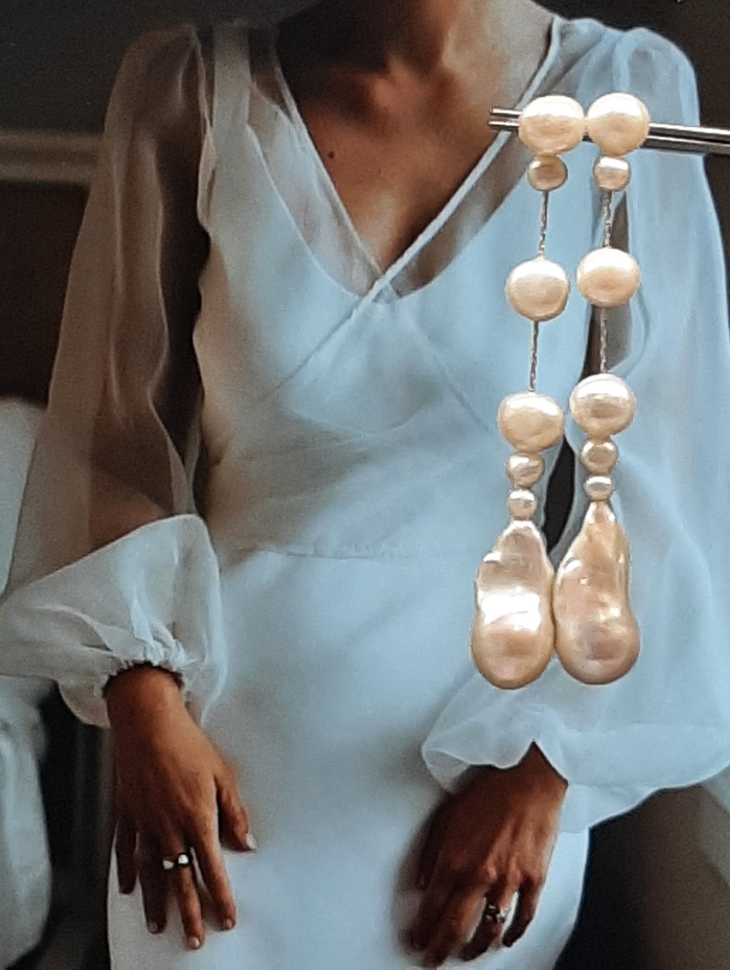 CONTESSA - glorious natural cultured freshwater pearls and sterling silver Boston chain thread cascading stud earrings