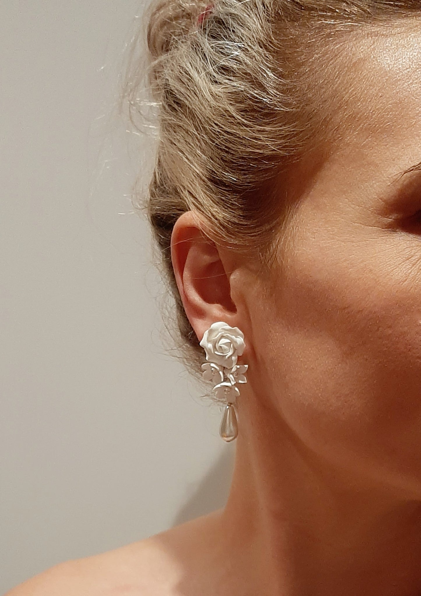 Rosie - ivory pearls, handmade rose and flower drop earrings