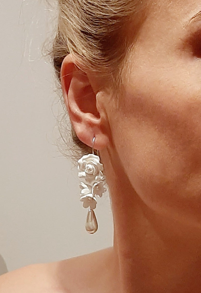 Rosie - ivory pearls, handmade rose and flower drop earrings