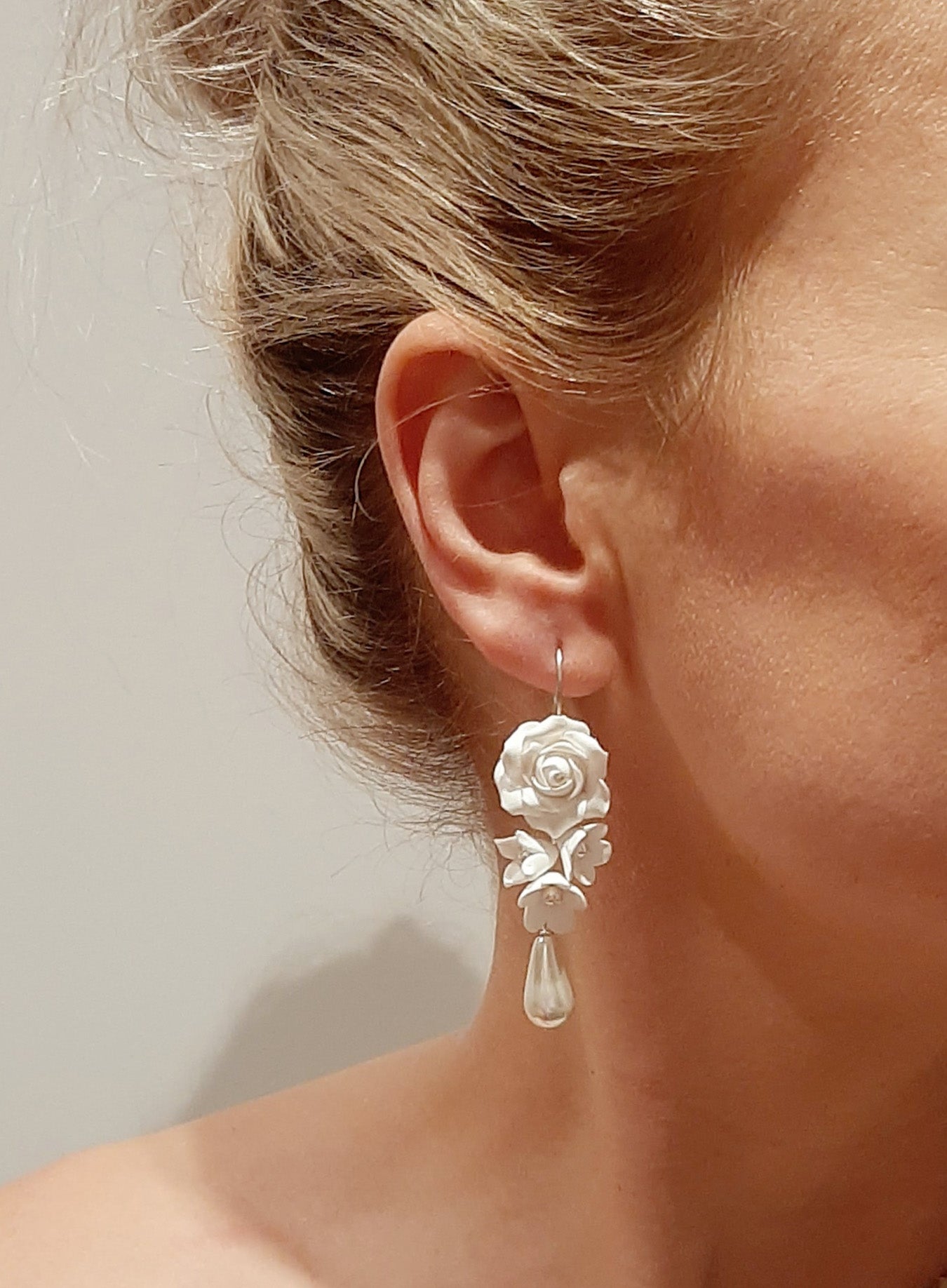 Rosie - ivory pearls, handmade rose and flower drop earrings