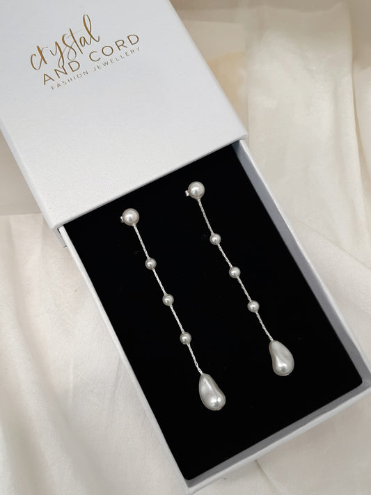 Danielle earrings - crystal pearls or freshwater pearls Boston thread cascading stud earrings in two lengths