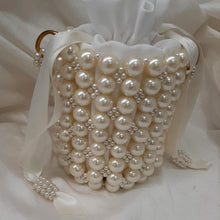 Load image into Gallery viewer, Bianca - lustrous pearls bucket bag with satin drawstring inner