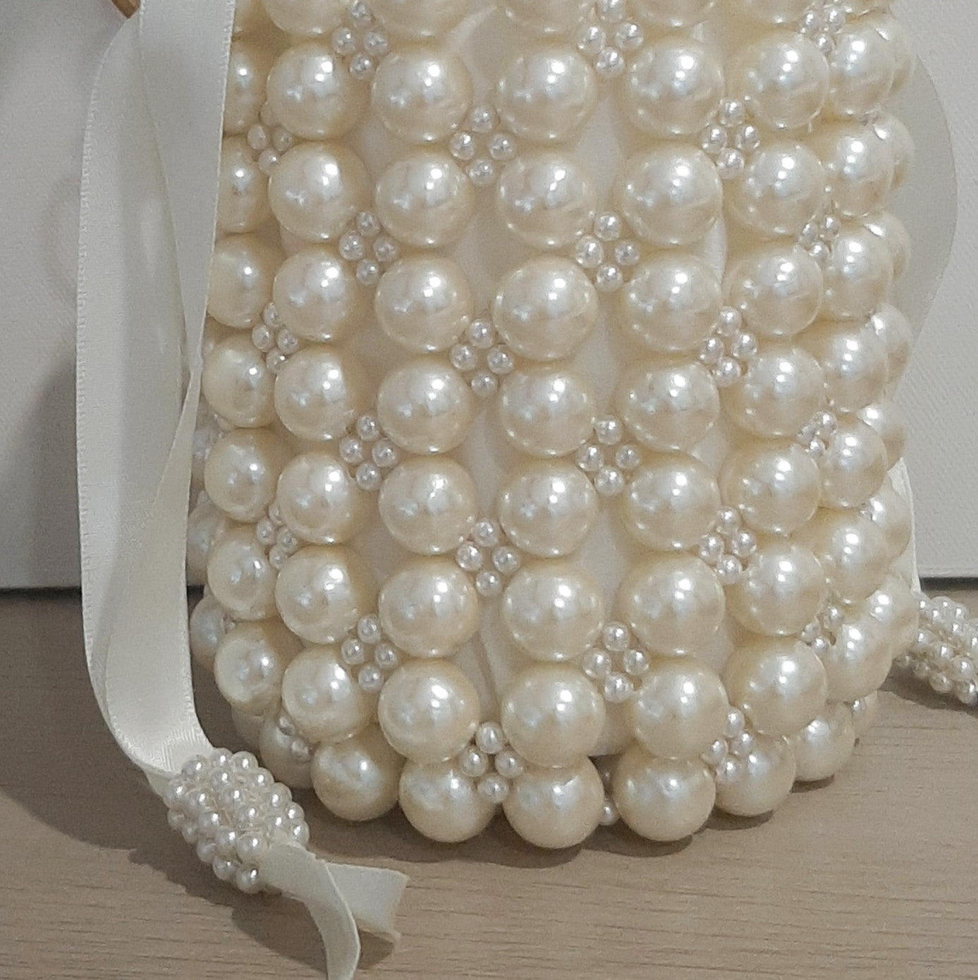 Bianca - lustrous pearls bucket bag with satin drawstring inner