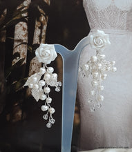 Load image into Gallery viewer, Rosalie - rose flower stud, freshwater pearls and crystal clear beaded cascading earrings