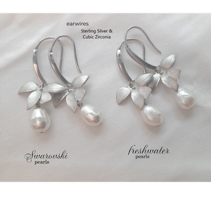 Liz - sterling silver earwires with or without cubic zironia's, orchid flower and pearl drop earrings