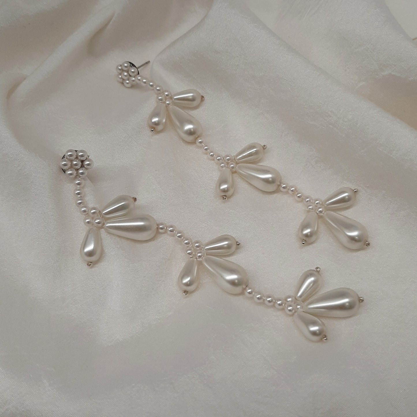 Paige - teardrop crystal pearl beads and sterling silver stud long cascading earrings