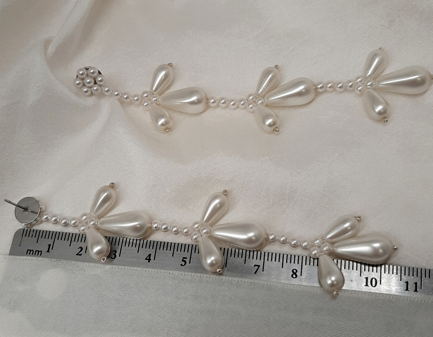 Paige - teardrop crystal pearl beads and sterling silver stud long cascading earrings