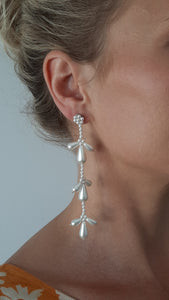 Paige - teardrop crystal pearl beads and sterling silver stud long cascading earrings