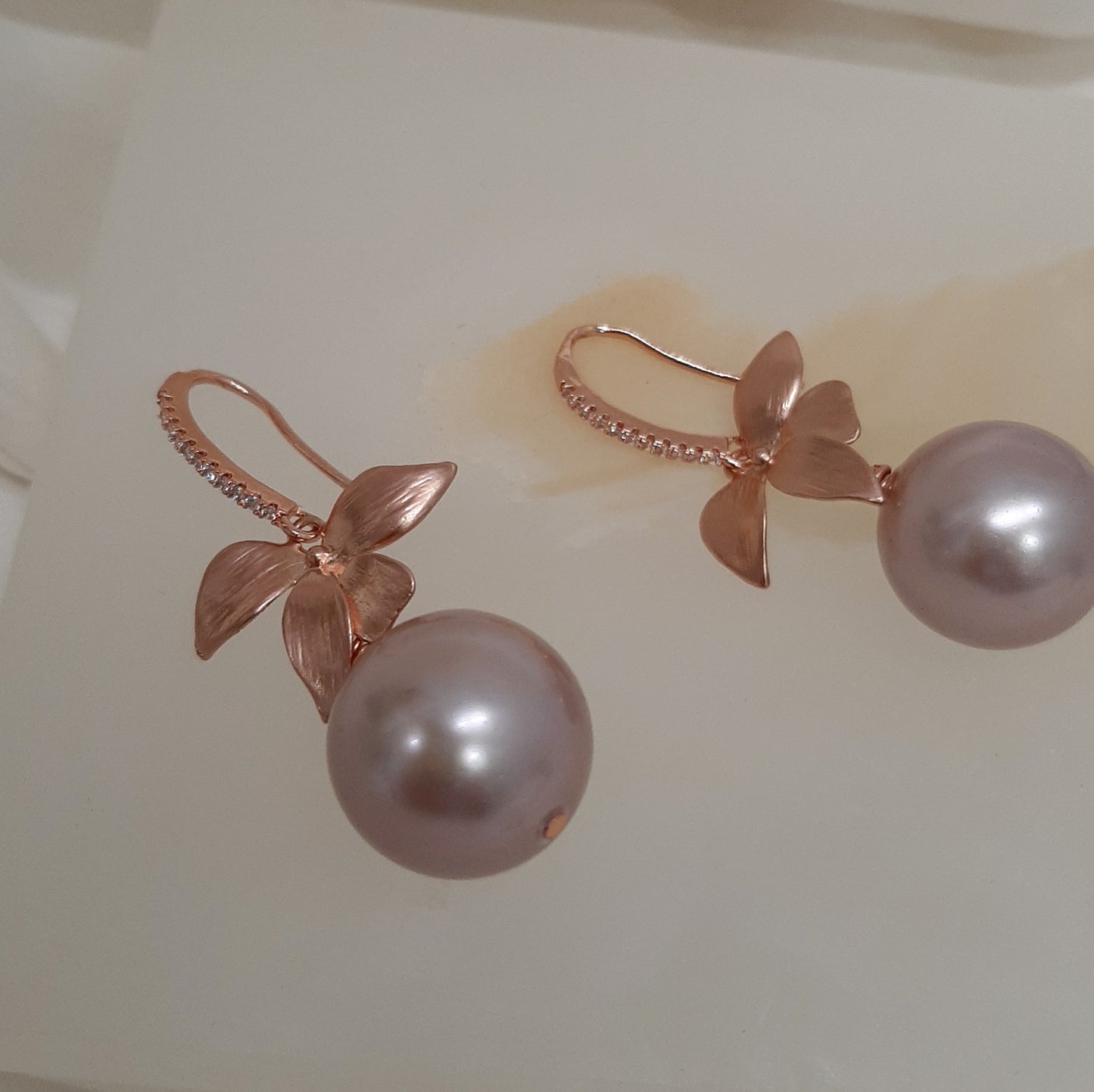 Arella - round shell bead pearl single orchid shaped flower drop earrings