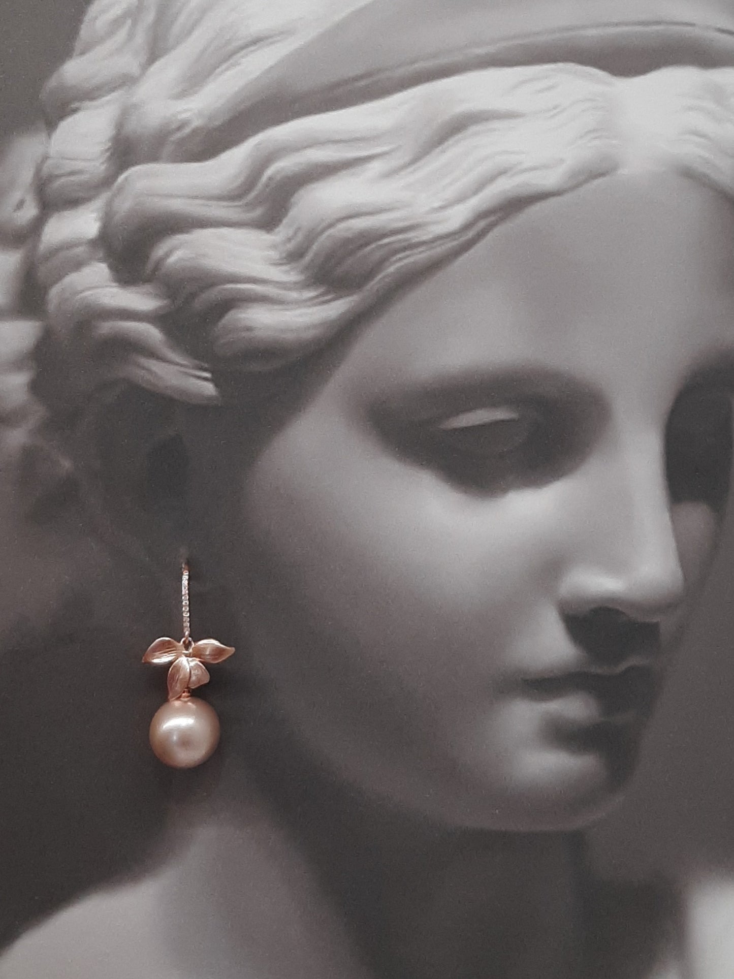 Arella - round shell bead pearl single orchid shaped flower drop earrings