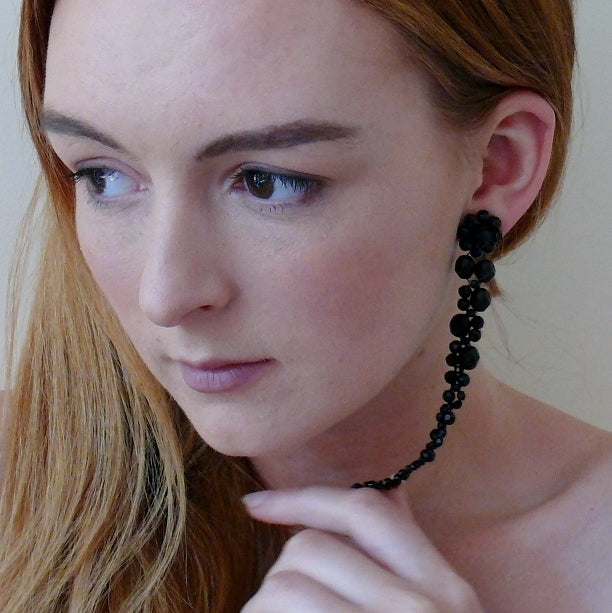 Black long cascading beaded statement stud earrings
