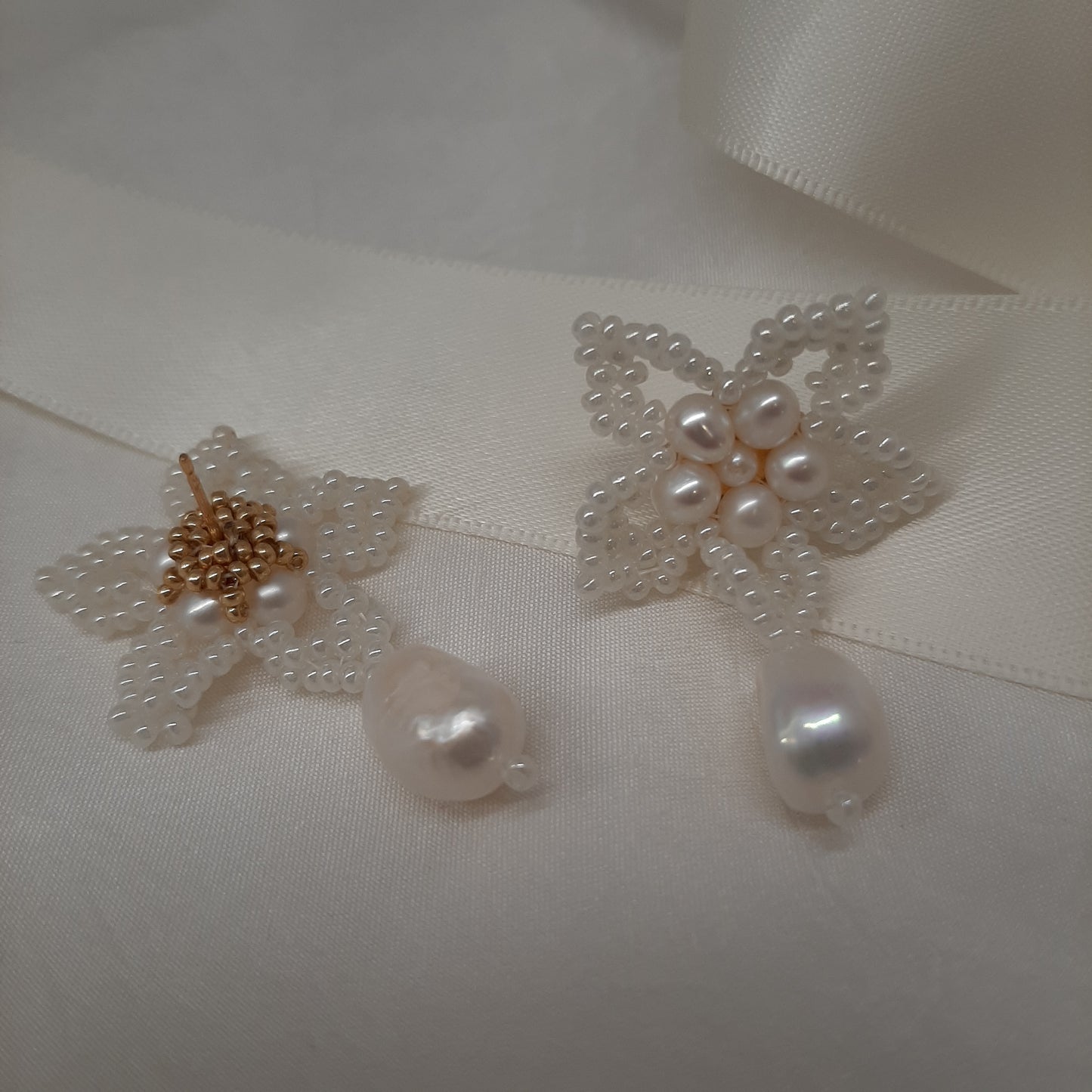 Blossom - hand beaded lace flower earrings with or without a freshwater pearl drop