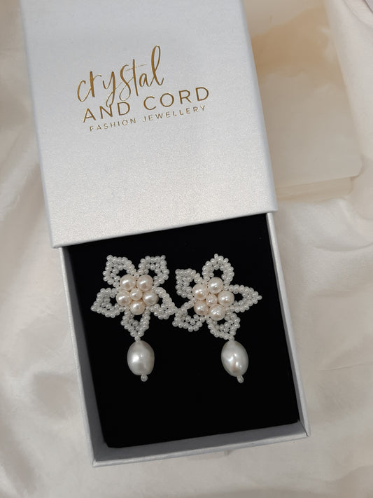 Blossom - hand beaded lace flower earrings with or without a freshwater pearl drop