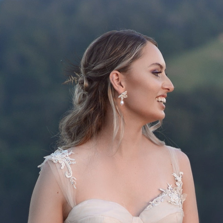 Blossom - hand beaded lace flower earrings with or without a freshwater pearl drop