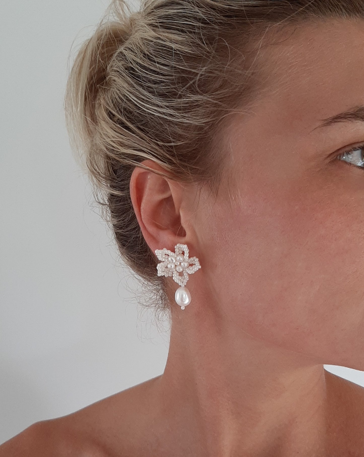 Blossom - hand beaded lace flower earrings with or without a freshwater pearl drop