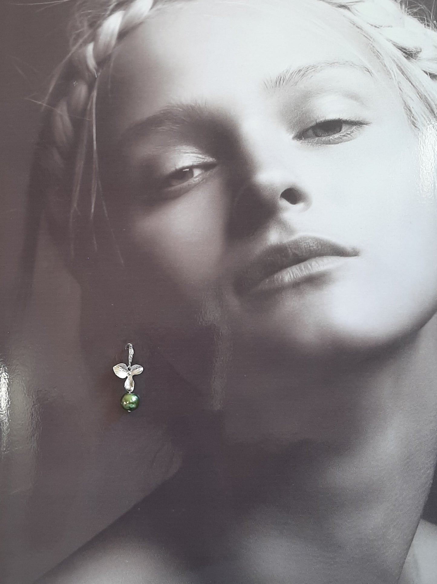 Rachel - faux pearl and small shiny silver-tone orchid shaped flower drop earrings