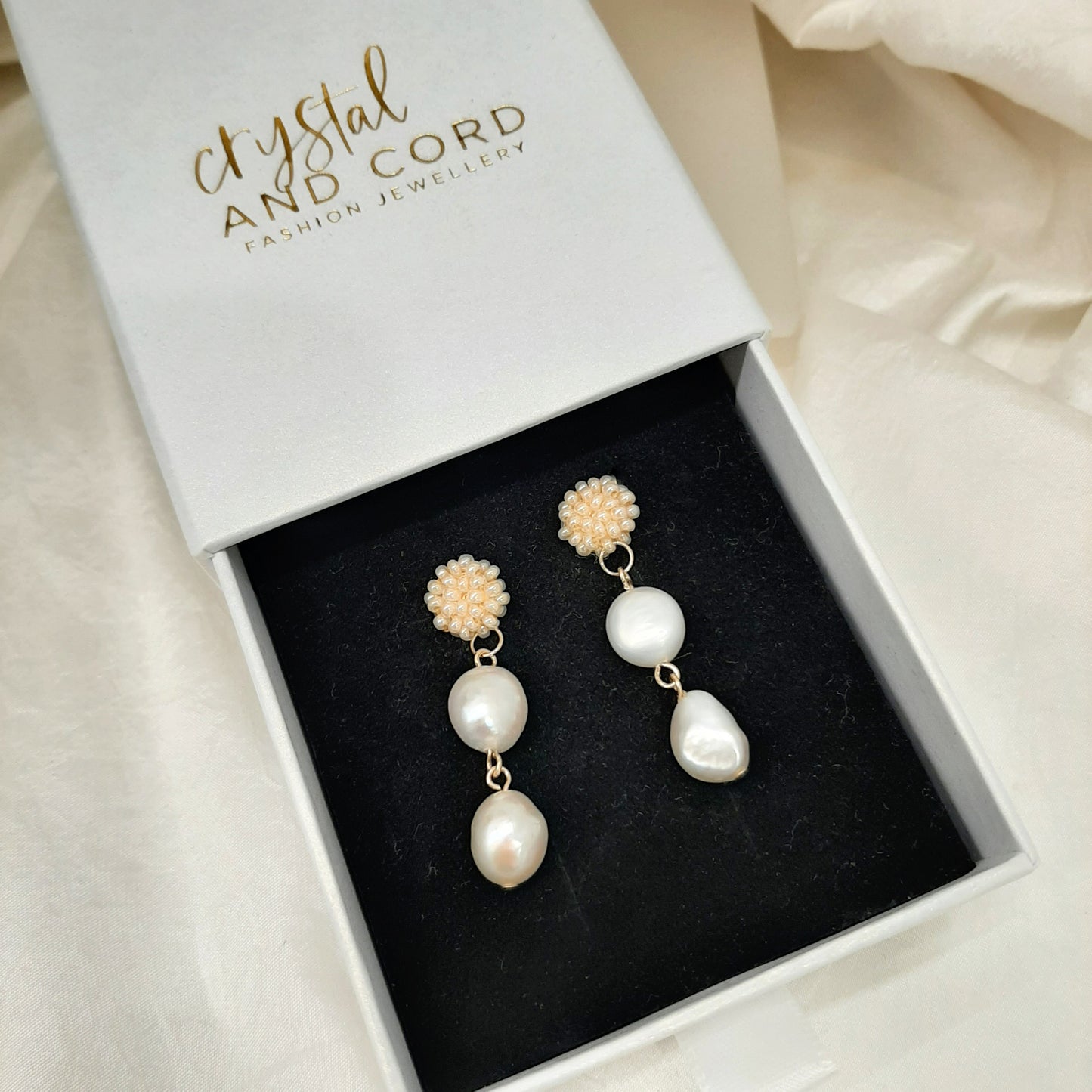 Bridget - seed bead studs and natural cultured freshwater pearls drop earrings