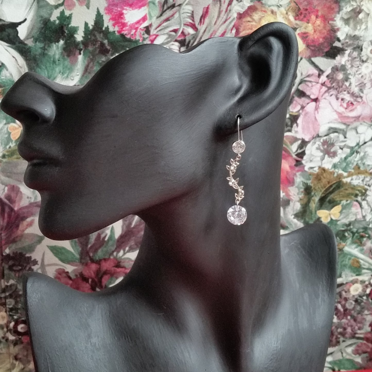 Crystal clear Cubic Zirconia and sterling silver vine bridal drop earrings