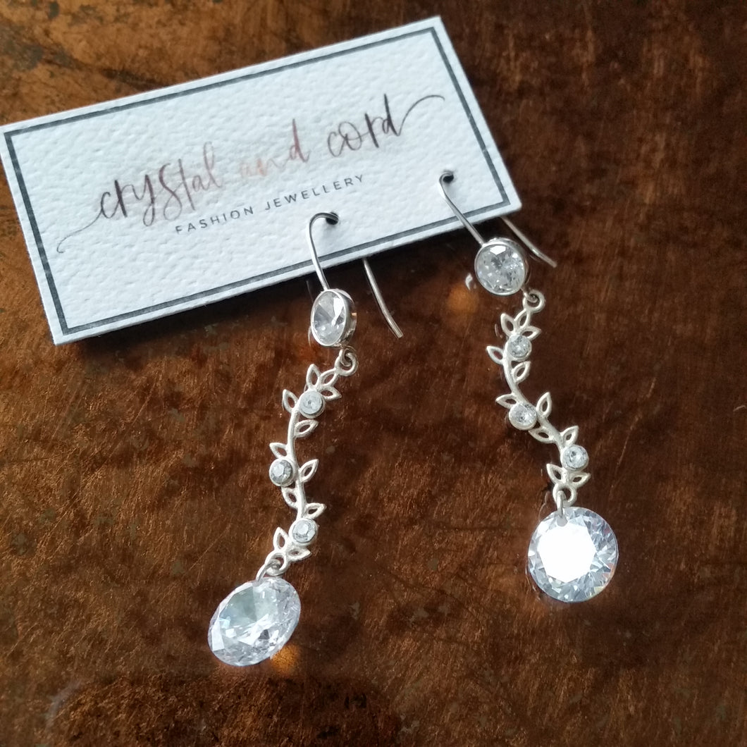 Crystal clear Cubic Zirconia and sterling silver vine bridal drop earrings