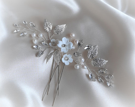 Carolyn - white flowers, cultured freshwater pearls, crystal clear rhinestones and leaves set of two hair pins