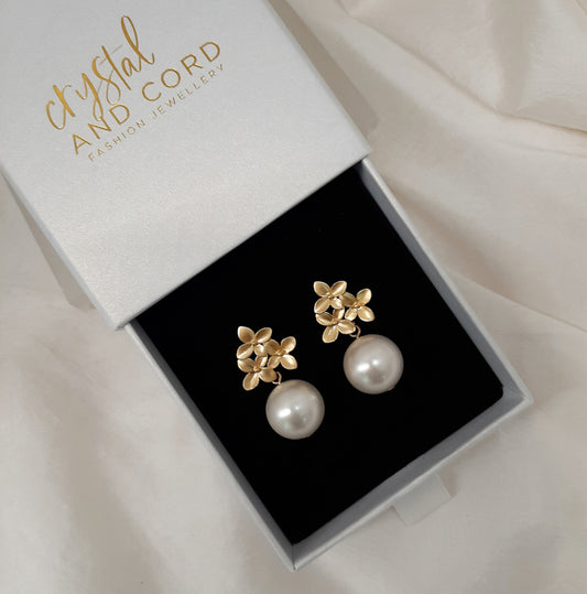 Chloe - gold flowers stud and pearl drop earrings