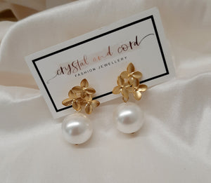Chloe - gold flowers stud and pearl drop earrings