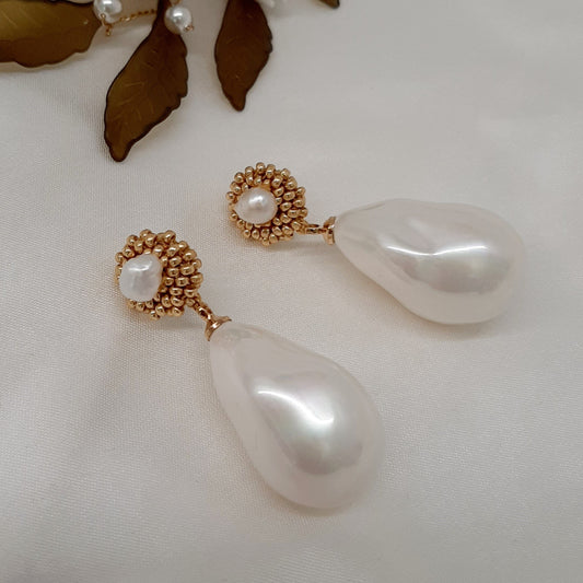 Claudette - baroque faux pearl, tiny seed beads and freshwater pearl stud drop earrings