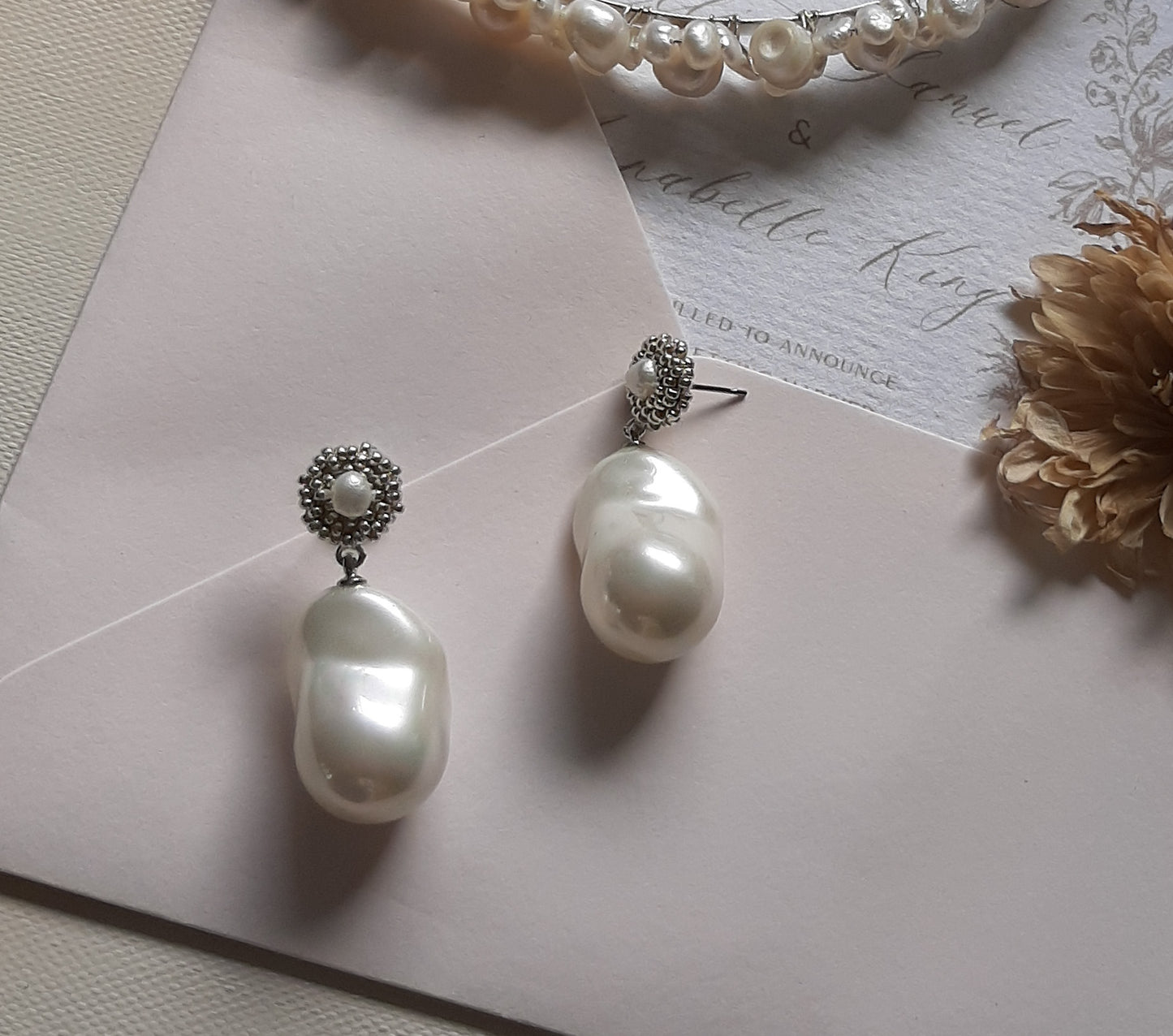 Claudette - baroque faux pearl, tiny seed beads and freshwater pearl stud drop earrings