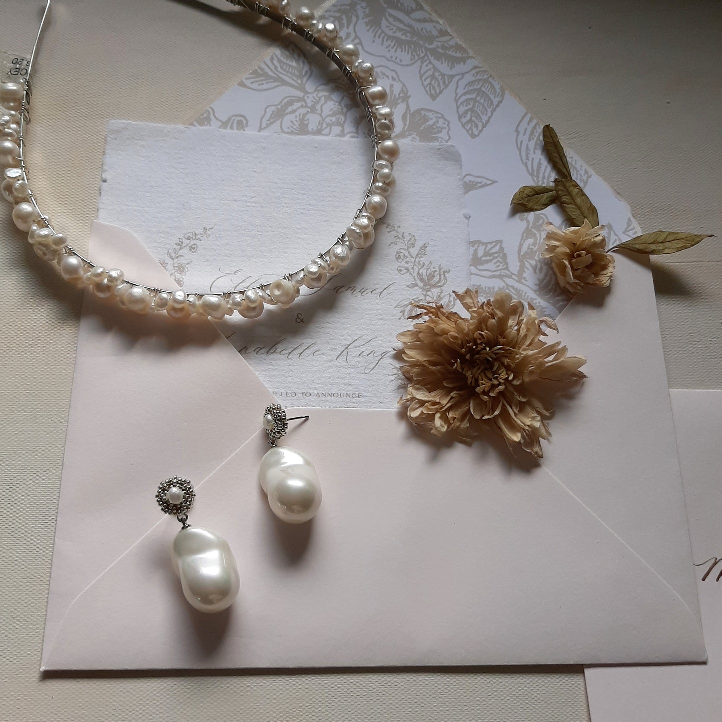 Claudette - baroque faux pearl, tiny seed beads and freshwater pearl stud drop earrings