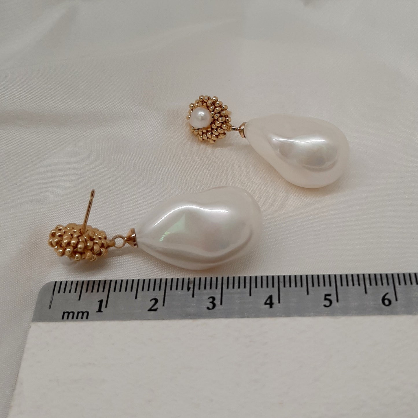 Claudette - baroque faux pearl, tiny seed beads and freshwater pearl stud drop earrings